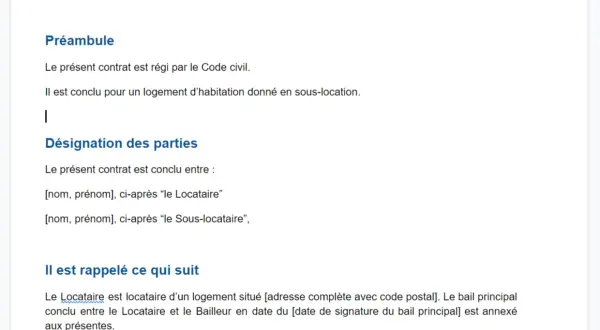 Contrat de sous-location d'un logement d'habitation. Ce document détaille les parties et les conditions de la sous-location, similaire à un contrat Airbnb.