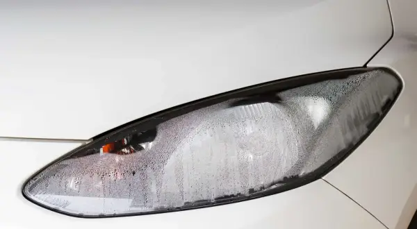 Faros empañados por dentro: una solución para la condensación en el faro de un coche blanco.