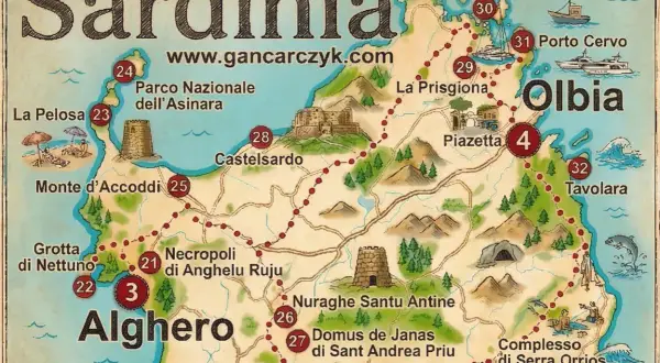 Mapa Sardynii z zaznaczonymi atrakcjami: Alghero, Olbia, Porto Cervo, Castelsardo. Zobacz, co warto zobaczyć na wyspie!