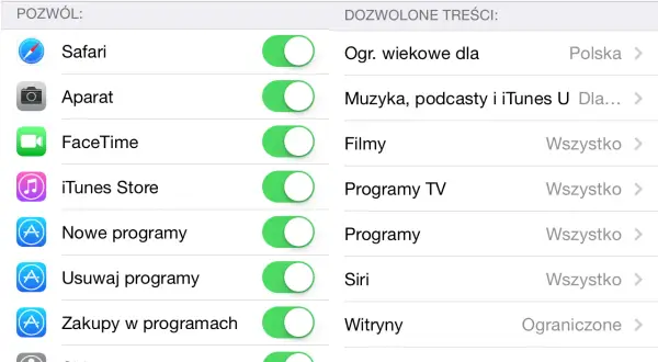 Ustawienia kontroli rodzicielskiej na telefonie. Pozwala zarządzać dostępem do aplikacji, treści i funkcji, np. Safari, Aparat, Filmy.