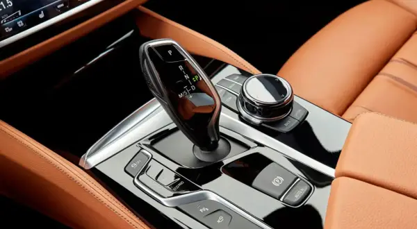 Palanca de cambio Steptronic BMW 8 velocidades en un interior de cuero marrón.