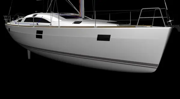 Il bianco scafo dell'elan impression 45.1, con linee grigie, si staglia su sfondo nero.