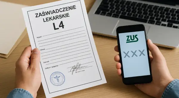 Dłoń trzyma zaświadczenie lekarskie L4, obok telefon z aplikacją ZUS.