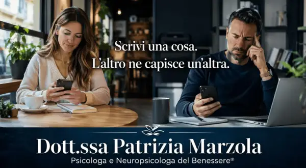Coppia che comunica via messaggio, con la psicologa Dott.ssa Patrizia Marzola che offre supporto per capire come scrivere un messaggio alla psicologa.