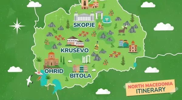 Mapa Macedonii Północnej z zaznaczonymi atrakcjami: Skopje, Ochryda, Bitola, Krusewo. Idealna inspiracja, co zobaczyć w Macedonii.