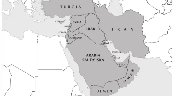 Mapa Bliskiego Wschodu z zaznaczonymi krajami: Turcja, Syria, Irak, Iran, Jordania, Izrael, Liban, Arabia Saudyjska, Jemen, Oman, Z.E.A., Katar, Bahrajn.