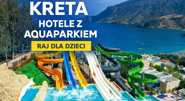 Kolorowe zjeżdżalnie wodne w aquaparku na Krecie, z widokiem na morze.