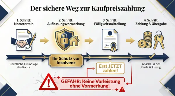 Der sichere Weg zur Kaufpreiszahlung: Notartermin, Auflassungsvormerkung, Fälligkeitsmitteilung, Zahlung & Übergabe. Ihr Schutz vor Insolvenz bei Immobilienkaufvertragsentwurf.
