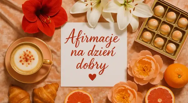 Kawa, croissanty, kwiaty i słodkości. Karta z napisem "Afirmacje na dzień dobry" inspiruje kobiety do pozytywnego myślenia.