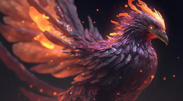 Le phénix, oiseau de feu aux plumes sombres et incandescentes, s'élève dans la nuit, entouré de braises lumineuses.
