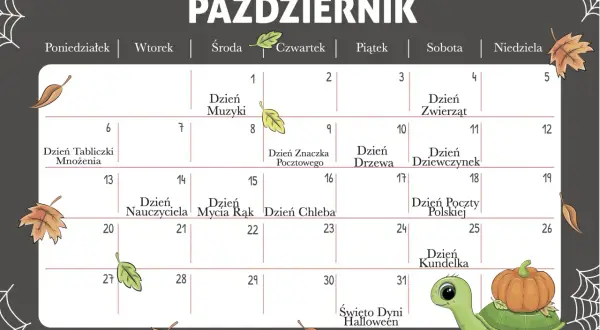 Kalendarz na październik z zaznaczonymi świętami, np. Dzień Nauczyciela, Dzień Kundelka i Święto Dyni Halloween.
