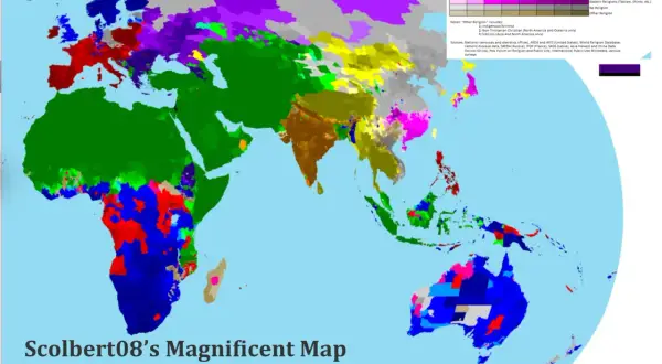 Mapa świata pokazuje, ile jest religii na świecie, z podziałem na kolory dla różnych wyznań i regionów.