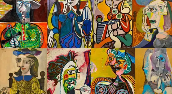 Kolaż barwnych, kubistycznych portretów Picassa. Postacie o zdeformowanych twarzach i ciałach, w żywych kolorach, tworzą surrealistyczną mozaikę.