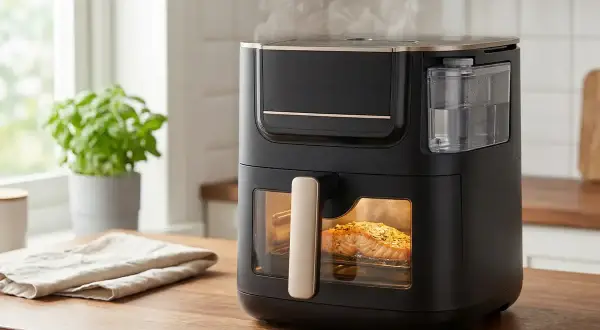 Nowoczesny air fryer z widocznym w środku łososiem, idealny do zdrowego gotowania. Sprawdź nasz ranking air fryer!