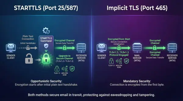 STARTTLS (Port 25/587) vs Implicit TLS (Port 465) – porównanie bezpieczeństwa poczty e-mail.