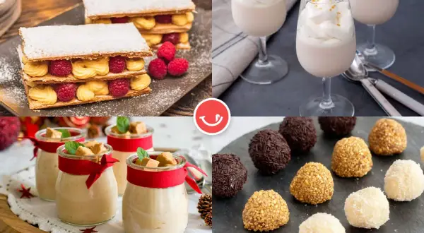 Collage de postres navideños: milhojas con frambuesas, vasitos de crema, y trufas variadas.