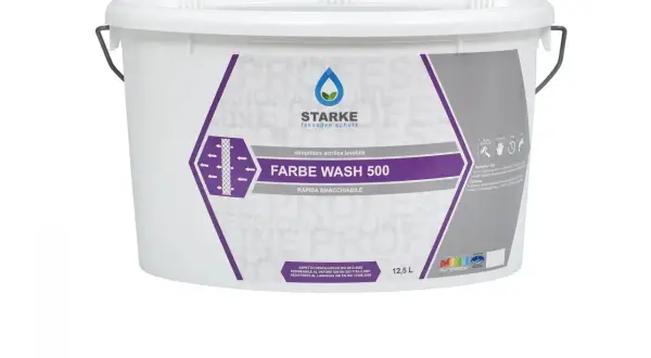 A white bucket of "FARBE WASH 500" wash primer with Italian text and product information.