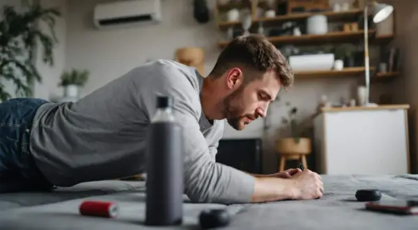 Un homme en position de planche, réfléchissant à comment faire du sport quand on a pas le temps. Une bouteille d'eau et un téléphone sont à proximité.