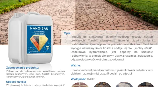 NANO-BAU impregnat "mokry efekt" kostka brukowa. Produkt chroni i odżywia kolor kostki, nadając jej głęboki, mokry wygląd.