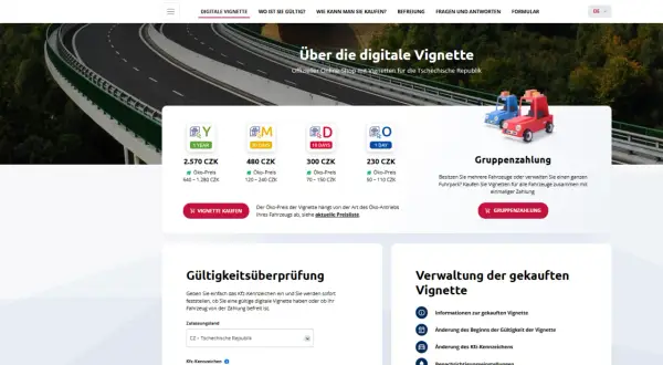 Digitale Vignette für Reisen nach Tschechien kaufen. Verschiedene Gültigkeitsdauern und Preise für die digitale Vignette sind verfügbar.