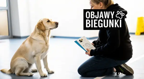 Labrador siedzi, patrząc na kobietę klęczącą z broszurą o objawach biegunki u psa.