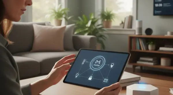 Une femme utilise une tablette pour contrôler sa maison connectée. L'écran affiche le logo "Matter", symbole de la domotique open source, avec des icônes de thermostat, ampoule, serrure et carte.