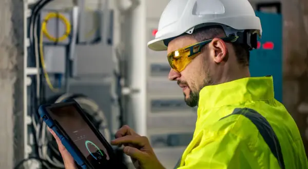 Technik w kamizelce odblaskowej i kasku wykonuje roczny przegląd budynku, analizując dane na tablecie przy skrzynce z okablowaniem.