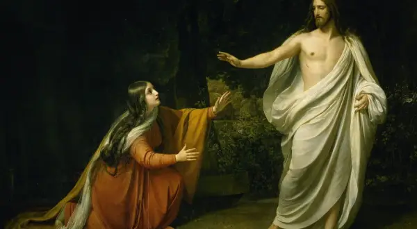 Maria Magdalena klęczy przed zmartwychwstałym Jezusem. Czy Jezus miał żonę? Obraz sugeruje bliską relację, ale niekoniecznie małżeńską.