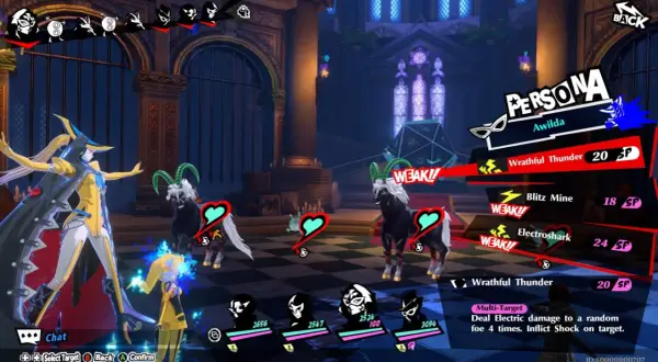 W walce w Persona 5 x, Awilda atakuje słabe kozy. Wybierz umiejętność "Wrathful Thunder" dla 20 SP.