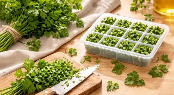 Frische Petersilie wird gehackt und in einem Eiswürfelbehälter zum Petersilie einfrieren vorbereitet. So hast du immer frische Kräuter zur Hand.