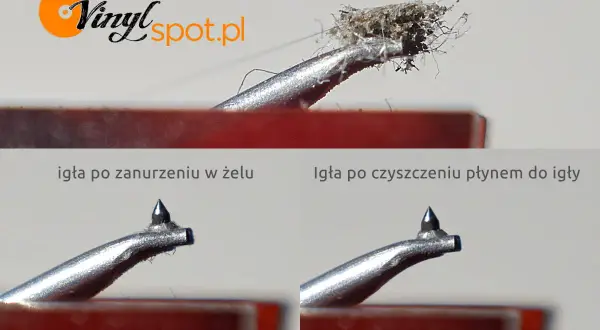 Jak czyścić igłę gramofonową: porównanie stanu igły po przesłuchaniu płyt, zanurzeniu w żelu i czyszczeniu płynem.