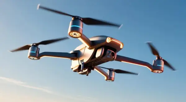 Un drone moderno in volo, con luci LED accese, pronto per riprese aeree mozzafiato.