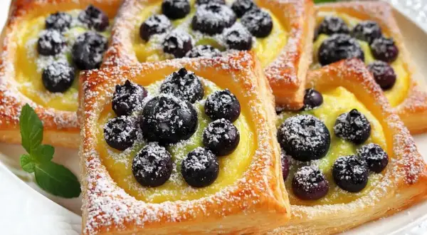 Pyszne ciasto francuskie z kremem i jagodami, posypane cukrem pudrem. Idealne, by dowiedzieć się, jak zrobić ciasto francuskie.