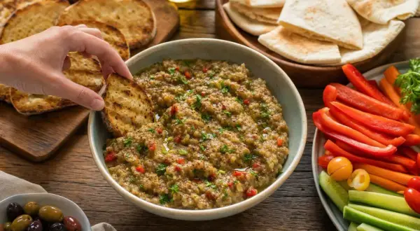 Une main trempe un pain grillé dans un bol de caviar d'aubergine, entouré de crudités, de pain pita et d'olives.