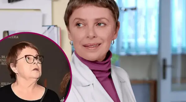 Gwiazda reality show w białym kitlu i fioletowym golfie. W tle widać fragment innej kobiety w okularach, co może być powodem nagłej hospitalizacji gwiazdy popularnego reality show.