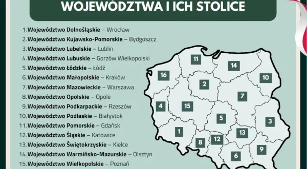 Mapa Polski z zaznaczonymi 16 województwami i ich stolicami. Dowiedz się, ile jest województw w Polsce!