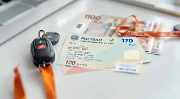 Kluczyki do samochodu i polskie prawo jazdy na samochód leżą obok banknotów.