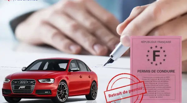Une voiture rouge, un permis de conduire français et un tampon "Retrait de permis" suggèrent des problèmes avec la **suspension de permis et assurance**.