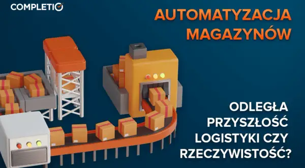 Ilustracja przedstawia zautomatyzowany system magazynowy z taśmociągami i paczkami.