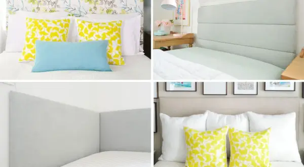 Four examples of DIY upholstered headboards: floral, paneled, corner, and tufted.