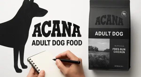 En hundsilhuett bredvid en anteckningsbok där någon skriver. Bredvid står en påse ACANA Adult Dog Food. Ett tack och bock uttryck för hundmaten.