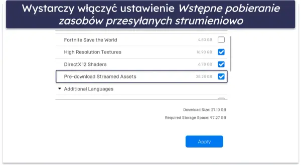 Ustawienia Fortnite: wstępne pobieranie zasobów strumieniowych (28.28 GB) jest zaznaczone. Może to pomóc, gdy Fortnite serwery nie odpowiadają.