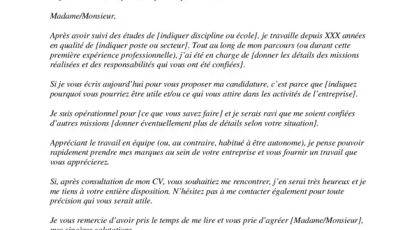 Exemple de structure lettre de motivation : un modèle de lettre de candidature spontanée avec des champs à personnaliser pour une offre d'emploi.