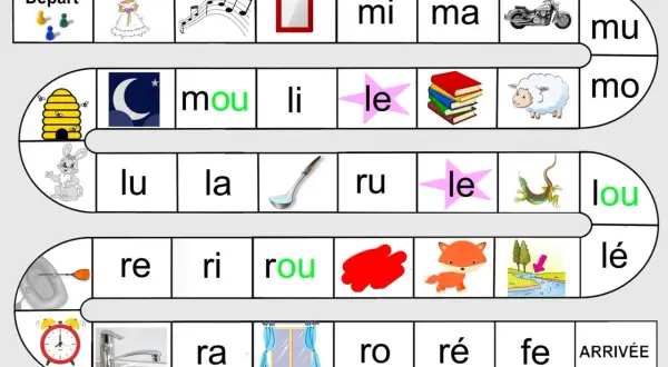 Jeu de plateau pour apprendre à lire, avec des images et des syllabes. Le parcours serpente, offrant un support ludique pour les enfants.