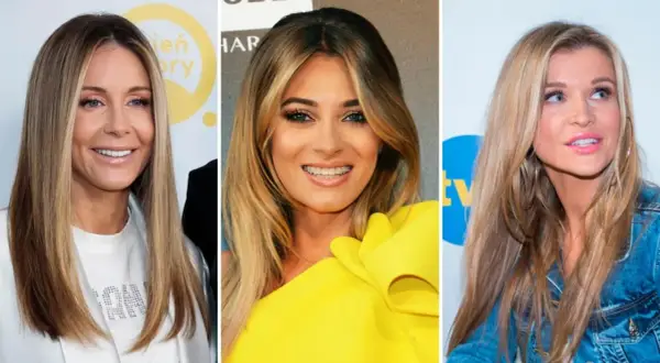 Trzy kobiety z długimi, blond włosami. Jedna w białej marynarce, druga w żółtej sukni, trzecia w dżinsowej kurtce.