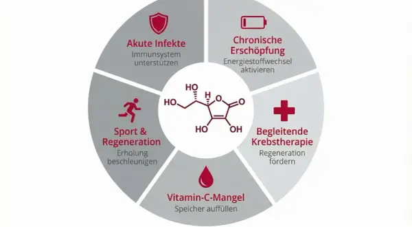 Kreisdiagramm zeigt Anwendungsgebiete für hochdosierte Vitamin C Infusion: akute Infekte, chronische Erschöpfung, Sport & Regeneration, Vitamin-C-Mangel, begleitende Krebstherapie.