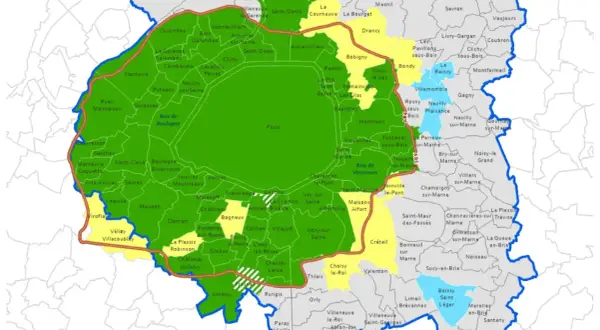 Carte des zones de circulation différenciée, similaire au crit'air Marseille, avec Paris et sa banlieue délimitées par des couleurs.