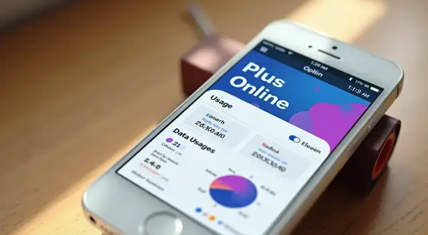 Aplikacja "Plus Online" na telefonie pokazuje, jak sprawdzić ile zostało internetu w Plus. Widoczne są dane o zużyciu.