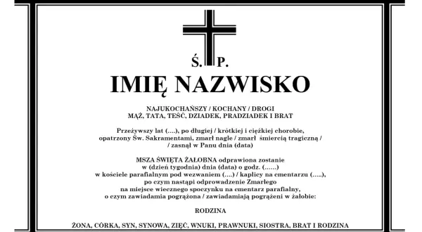 Klepsydra po pogrzebie z imieniem i nazwiskiem zmarłego, datą śmierci i informacją o mszy żałobnej.