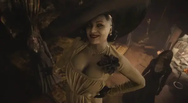 Lady Dimitrescu z Resident Evil, w towarzystwie swoich córek, w mrocznym wnętrzu.